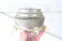 Vintage 1940s Music Trinket Powder Box Round Silver Metal Music Box Whatnot Trinket Music Box withSunset Print and Strawflowers Mom Gift