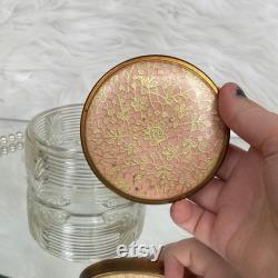 Vintage 1950s Art Deco Glass Powder Dresser Jar w Lace Fabric Lid