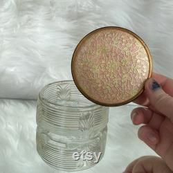Vintage 1950s Art Deco Glass Powder Dresser Jar w Lace Fabric Lid