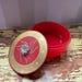 Vintage 1950s Avon Red and Gold Lacquered Powder Box with Floral Metal Knob