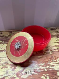Vintage 1950s Avon Red and Gold Lacquered Powder Box with Floral Metal Knob