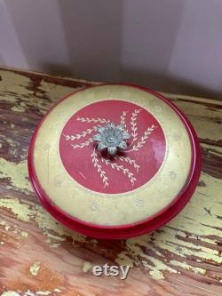 Vintage 1950s Avon Red and Gold Lacquered Powder Box with Floral Metal Knob