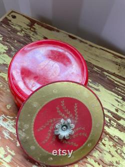 Vintage 1950s Avon Red and Gold Lacquered Powder Box with Floral Metal Knob