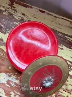 Vintage 1950s Avon Red and Gold Lacquered Powder Box with Floral Metal Knob
