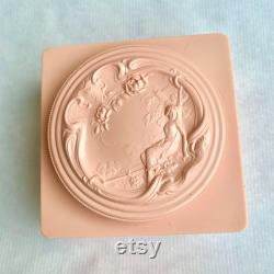 Vintage 1950s Powder Box, Evyan Pink White Shoulders Powder Box, Art Nouveau Style Relief, Unique Vintage Boudoir Bath Accessory Gift