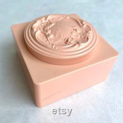 Vintage 1950s Powder Box, Evyan Pink White Shoulders Powder Box, Art Nouveau Style Relief, Unique Vintage Boudoir Bath Accessory Gift