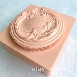 Vintage 1950s Powder Box, Evyan Pink White Shoulders Powder Box, Art Nouveau Style Relief, Unique Vintage Boudoir Bath Accessory Gift