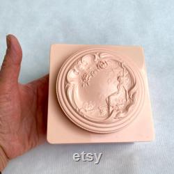 Vintage 1950s Powder Box, Evyan Pink White Shoulders Powder Box, Art Nouveau Style Relief, Unique Vintage Boudoir Bath Accessory Gift