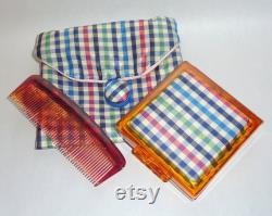 Vintage 1960's Powder Compact and Comb Set in Plaid Silk Pouch