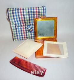 Vintage 1960's Powder Compact and Comb Set in Plaid Silk Pouch