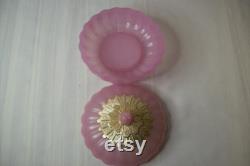 Vintage 1960s Avon Elusive Pink Plastic Powder Dish With Lid Gold Filigree Design with Rosebud Handle Boudoir Decor Shabby Chic Decor