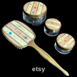 Vintage 1960s Four Piece Floral Vanity Set (Celluloid and Glass, Powder Jars and Brush)