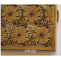 Vintage 27 Rubies 18k Gold/800 Silver Minaudière Rare Powder Compact Box Floral