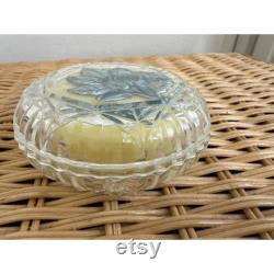 Vintage 40's cut glass Powder Box with Unused Puff Reverse Painted Flower