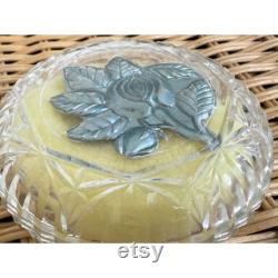 Vintage 40's cut glass Powder Box with Unused Puff Reverse Painted Flower
