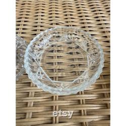 Vintage 40's cut glass Powder Box with Unused Puff Reverse Painted Flower