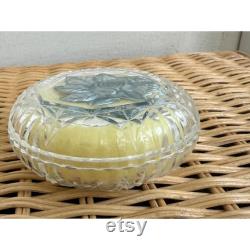 Vintage 40's cut glass Powder Box with Unused Puff Reverse Painted Flower