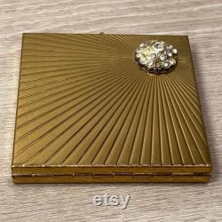 Vintage 50s Powder Compact From Volupte Goldtone Brass Starburst Rhinestone Cluster With Mirror Made in USA
