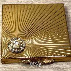Vintage 50s Powder Compact From Volupte Goldtone Brass Starburst Rhinestone Cluster With Mirror Made in USA