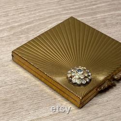 Vintage 50s Powder Compact From Volupte Goldtone Brass Starburst Rhinestone Cluster With Mirror Made in USA