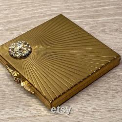 Vintage 50s Powder Compact From Volupte Goldtone Brass Starburst Rhinestone Cluster With Mirror Made in USA