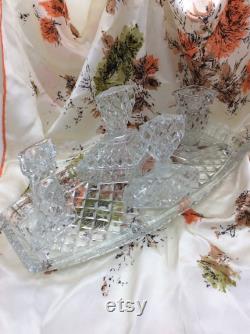 Vintage 5 Piece glass dressing table set with perfume bottle