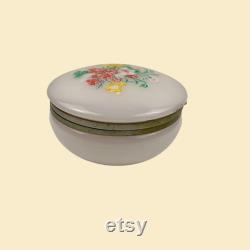 Vintage 60s 70s floral vanity box, plastic and metal flower patterned yellow and green powder box