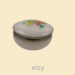 Vintage 60s 70s floral vanity box, plastic and metal flower patterned yellow and green powder box