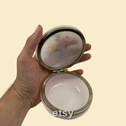 Vintage 60s 70s floral vanity box, plastic and metal flower patterned yellow and green powder box