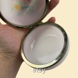 Vintage 60s 70s floral vanity box, plastic and metal flower patterned yellow and green powder box