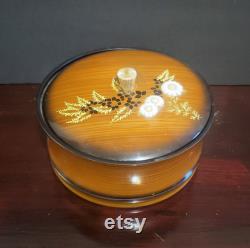 Vintage 7 Lacquer Powder Vanity Handled Trinket Box Round Brown Wood Grain Floral Toyo Japan