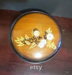 Vintage 7 Lacquer Powder Vanity Handled Trinket Box Round Brown Wood Grain Floral Toyo Japan