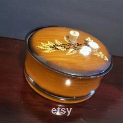Vintage 7 Lacquer Powder Vanity Handled Trinket Box Round Brown Wood Grain Floral Toyo Japan