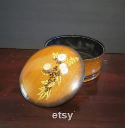 Vintage 7 Lacquer Powder Vanity Handled Trinket Box Round Brown Wood Grain Floral Toyo Japan
