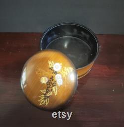 Vintage 7 Lacquer Powder Vanity Handled Trinket Box Round Brown Wood Grain Floral Toyo Japan