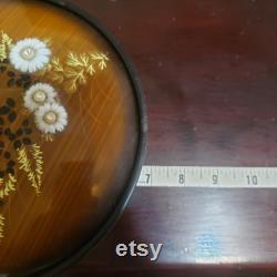 Vintage 7 Lacquer Powder Vanity Handled Trinket Box Round Brown Wood Grain Floral Toyo Japan