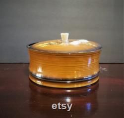 Vintage 7 Lacquer Powder Vanity Handled Trinket Box Round Brown Wood Grain Floral Toyo Japan