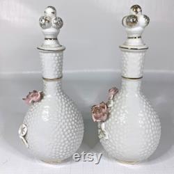 Vintage 7 Piece Vanity Set White Porcelain Hobnail Pink Roses JAPAN