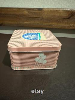 Vintage 80s Camp Beverly Hills Lined Body Powder Tin Box with Mirror
