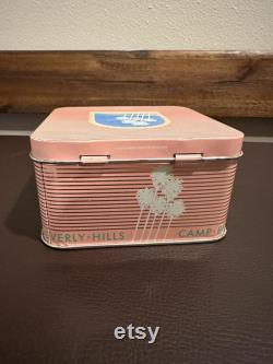 Vintage 80s Camp Beverly Hills Lined Body Powder Tin Box with Mirror
