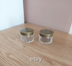 Vintage A.E and Co Brass and Glass Cosmetic Jars SET 2, Glass Powder Jar, Powder Box, Trinket Box, Denmark, 1940s