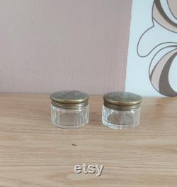 Vintage A.E and Co Brass and Glass Cosmetic Jars SET 2, Glass Powder Jar, Powder Box, Trinket Box, Denmark, 1940s