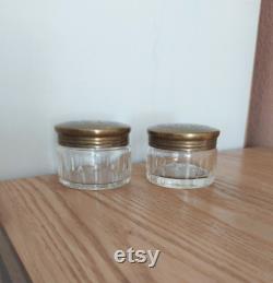 Vintage A.E and Co Brass and Glass Cosmetic Jars SET 2, Glass Powder Jar, Powder Box, Trinket Box, Denmark, 1940s