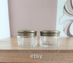 Vintage A.E and Co Brass and Glass Cosmetic Jars SET 2, Glass Powder Jar, Powder Box, Trinket Box, Denmark, 1940s