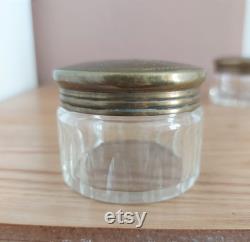 Vintage A.E and Co Brass and Glass Cosmetic Jars SET 2, Glass Powder Jar, Powder Box, Trinket Box, Denmark, 1940s