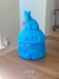 Vintage Akro Agate Blue Milk Glass Opaline Scottie Scotty Dog Powder Jar (As Is)