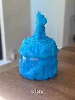 Vintage Akro Agate Blue Milk Glass Opaline Scottie Scotty Dog Powder Jar (As Is)