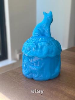 Vintage Akro Agate Blue Milk Glass Opaline Scottie Scotty Dog Powder Jar (As Is)