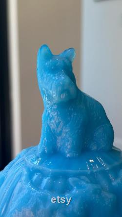 Vintage Akro Agate Blue Milk Glass Opaline Scottie Scotty Dog Powder Jar (As Is)