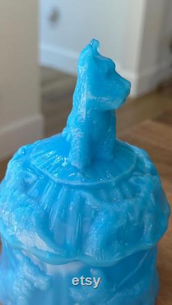 Vintage Akro Agate Blue Milk Glass Opaline Scottie Scotty Dog Powder Jar (As Is)